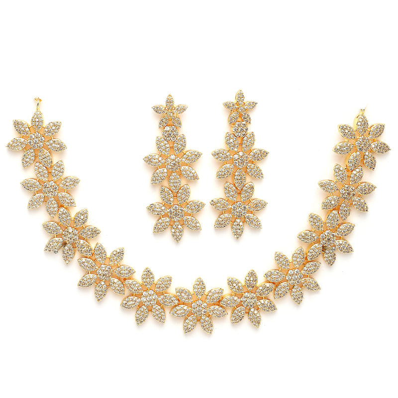 Gold Plated Floral Shaped White American Diamond Studded Jewellery Set