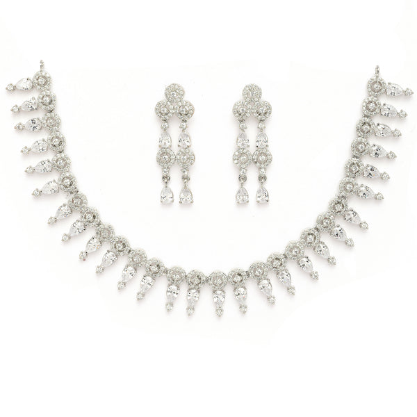 Rhodium Plated Silver Toned Geometrical Shaped White American Diamond Studded Jewellery Set