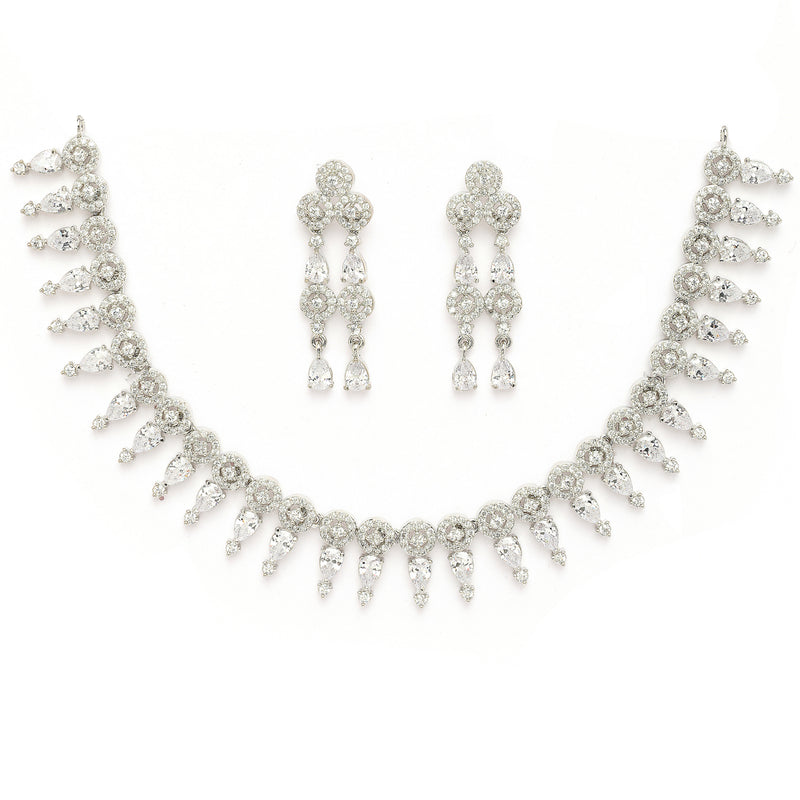 Rhodium Plated Silver Toned Geometrical Shaped White American Diamond Studded Jewellery Set
