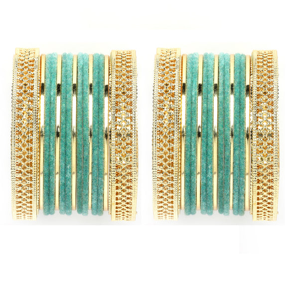 Gold-Plated Textured Matte Finish Teal Velvet Bangles Set Of 30