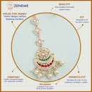 ZENEME Gold Plated Multicolor Kundan Layered Chandbali Pearl Drop Maang Tikka for Women & Girls