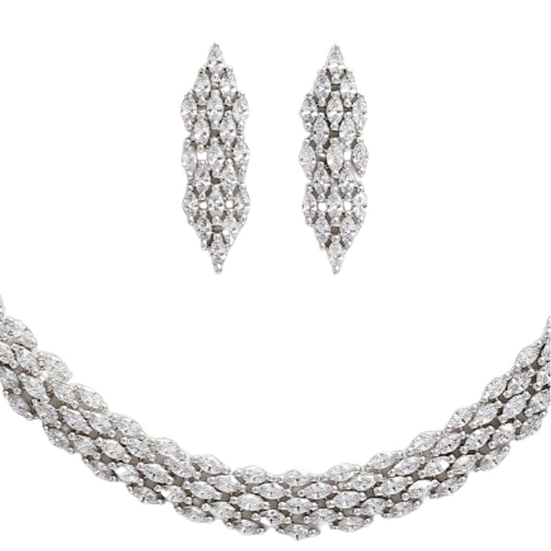 Rhodium-Plated with Silver-Tone & White American Diamond Studded Jewellery Set