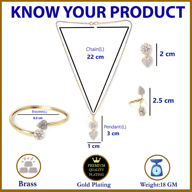 Flower Shaped Heart Drop Gold-Plated American Diamond-Studded Jewellery Set Combo