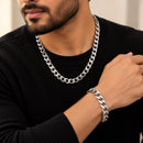 Silver Plated Bold Classic Cuban Link Chain & Bracelet Set for Men & Boys