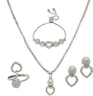 Rhodium-Plated Silver Toned White American Diamond studded Heart Shaped Jewellery Set