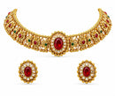 ZENEME Gold Toned Brass CZ Choker Necklace Set for Women Traditional Stone Beaded Red Stone Jewellery Set with Matching Earrings