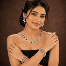 ZENEME Rhodium Plated Multicolor American Diamond Swirl Link Tennis Line Necklace Set with Earrings & Set of 2 Bangles for Women & Girls