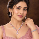 ZENEME Set of 3 Rhodium Plated AD Emerald Teardrop Halo Necklace Set & Bracelet For Woman