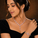 ZENEME Set of 3 Rhodium Plated AD Floral Fringe Bracelets & Necklace Set Jewellery Set For Women & Girls Silver Toned