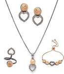 Rose Gold-Plated Gunmetal Toned White American Diamond studded Heart Shaped Jewellery Set