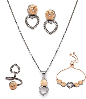 Rose Gold-Plated Gunmetal Toned White American Diamond studded Heart Shaped Jewellery Set