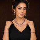 ZENEME Rhodium Plated Red American Diamond Baguette Bloom Fringe Necklace Set with Earrings & Set of 2 Bangles for Women & Girls