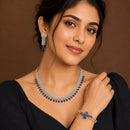 ZENEME Set of 3 Rhodium Plated AD Pear-Drop Double-Row Cascade Bracelets & Necklace Set Jewellery Set For Women & Girls Silver Toned