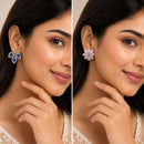 Rhodium Plated Daisy Flower & Pear Leaf Stud Earrings for Women & Girls