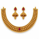 ZENEME Gold Plated Temple Necklace Earrings Set for Women Traditional Temple Heart Motif with Red & Green Gold Toned CZ Stones Jewellery Set For Girls