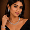 ZENEME Set of 3 Rhodium Plated AD Marquise Petal Floral Vine Necklace Set & Bracelet Jewellery Set For Women & Girls Silver Toned