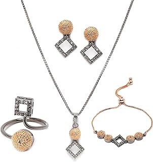Rose Gold-Plated Gunmetal Toned White American Diamond studded Square Shaped Jewellery Set
