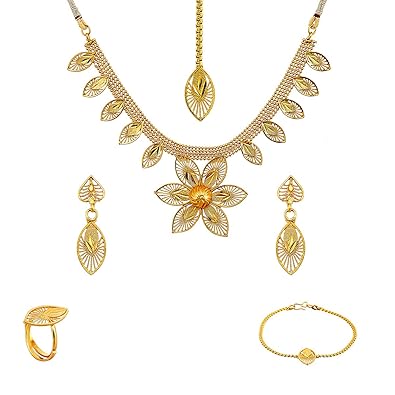 Gold Plated Intricate Floral Design Necklace Combo With Bracelet & Ring