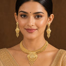ZENEME Gold Plated Alloy Leaf Fringe Heritage Temple Necklace Set with Matching Earring Jewellery Set For Women & Girls