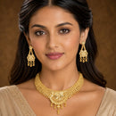 ZENEME Gold Plated Alloy Leaf Trail Ethnic Temple Necklace Set with Matching Earring Jewellery Set For Women & Girls