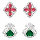 Rhodium Plated Four-Petal Flower & Triangle Leaf Stud Earrings for Women & Girls