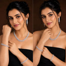 ZENEME Rhodium Plated White American Diamond Marquise Leaf Vine Necklace Set with Earrings & Set of 2 Bangles for Women & Girls