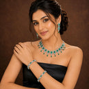 ZENEME Rhodium Plated Green American Diamond Double Halo Floral Fringe Necklace Set with Earrings & Set of 2 Bangles for Women & Girls