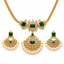 ZENEME Gold Plated AD Geometric Chandbali Pearl Drop Necklace with Matching Earring Jewellery Set For Women & Girls Gold Toned Necklace Set For Woman