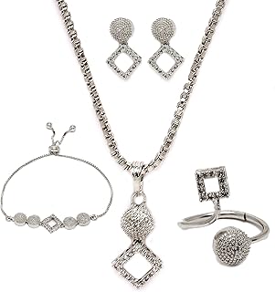 Rhodium-Plated Silver Toned White American Diamond studded Square Shaped Jewellery Set