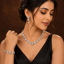 ZENEME Set of 3 Rhodium Plated AD Crystal Daisy Vine Necklace Set & Bracelet Jewellery Set For Women & Girls Silver Toned