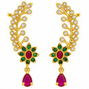 Gold Plated Peacock Leaf Vine Pink Drop Ear Cuff Earrings for Women & Girls