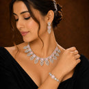 ZENEME Set of 3 Rhodium Plated AD Crystal Leaf Fringe Necklace Set & Wraparound Bracelet Jewellery Set For Women & Girls Silver Toned