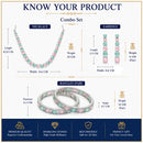 ZENEME Rhodium Plated Pink & Green American Diamond Pastel Square-Cut Tennis Line Necklace Set with Earrings & Set of 2 Bangles for Women & Girls