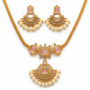 ZENEME Gold Plated AD Geometric Chandbali Pearl Drop Necklace with Matching Earring Jewellery Set For Women & Girls Gold Toned Necklace Set For Woman