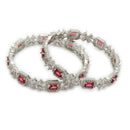 ZENEME Rhodium Plated Red American Diamond Rectangular Halo Floral Frame Necklace Set with Earrings & Set of 2 Bangles for Women & Girls