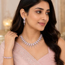 ZENEME Set of 3 Rhodium Plated AD Floral Fringe Bracelets & Necklace Set Jewellery Set For Women & Girls Silver Toned