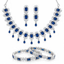 ZENEME Rhodium Plated Blue American Diamond Rectangular Radiance Fringe Necklace Set with Earrings & Set of 2 Bangles for Women & Girls