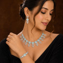 ZENEME Set of 3 Rhodium Plated AD Emerald-Cut Leaf Fringe Necklace Set & Wraparound Bracelet Jewellery Set For Women & Girls Silver Toned