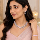 ZENEME Set of 3 Rhodium Plated AD Floral Fringe Bracelets & Necklace Set Jewellery Set For Women & Girls Silver Toned