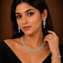 ZENEME Set of 3 Rhodium Plated AD Marquise Petal Floral Vine Necklace Set & Bracelet Jewellery Set For Women & Girls Silver Toned