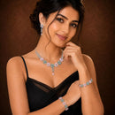 ZENEME Rhodium Plated Pink & Green American Diamond Pastel Floral Vine Necklace Set with Earrings & Set of 2 Bangles for Women & Girls