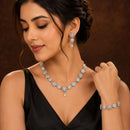 ZENEME Set of 3 Rhodium Plated AD Crystal Daisy Vine Necklace Set & Bracelet Jewellery Set For Women & Girls Silver Toned