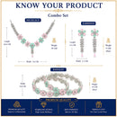 ZENEME Rhodium Plated Pink & Green American Diamond Pastel Floral Vine Necklace Set with Earrings & Set of 2 Bangles for Women & Girls