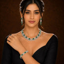 ZENEME Rhodium Plated Green American Diamond Rectangular Halo Floral Fringe Necklace Set with Earrings & Set of 2 Bangles for Women & Girls