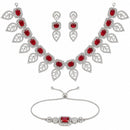 ZENEME Set of 3 Rhodium Plated AD Rectangular Halo Paisley Fringe Necklace Set & Wraparound Bracelet Jewellery Set For Women & Girls Silver Toned