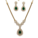 ZENEME Gold Plated AD Emerald Teardrop Floral Halo Necklace with Matching Earring Jewellery Set For Women & Girls Gold Toned Necklace Set For Woman