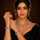ZENEME Rhodium Plated Green American Diamond Rectangular Halo Floral Fringe Necklace Set with Earrings & Set of 2 Bangles for Women & Girls
