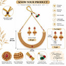 ZENEME Gold Plated Temple Necklace Earrings Set for Women Traditional Temple Heart Motif with Red & Green Gold Toned CZ Stones Jewellery Set For Girls
