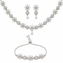 ZENEME Set of 3 Rhodium Plated AD Crystal Daisy Vine Necklace Set & Bracelet Jewellery Set For Women & Girls Silver Toned