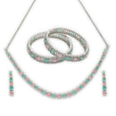 ZENEME Rhodium Plated Pink & Green American Diamond Pastel Square-Cut Tennis Line Necklace Set with Earrings & Set of 2 Bangles for Women & Girls